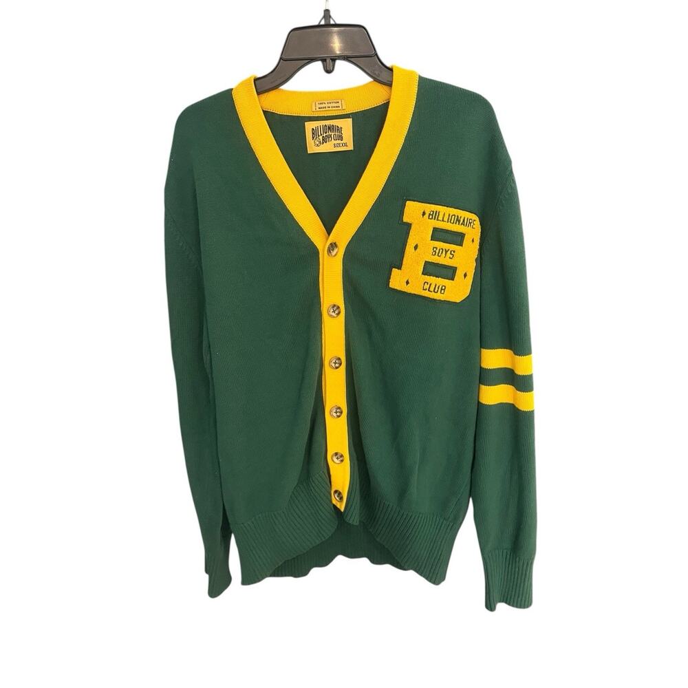 billionaire boys club Men's 2XL College big logo green/yellow cardigan sweater